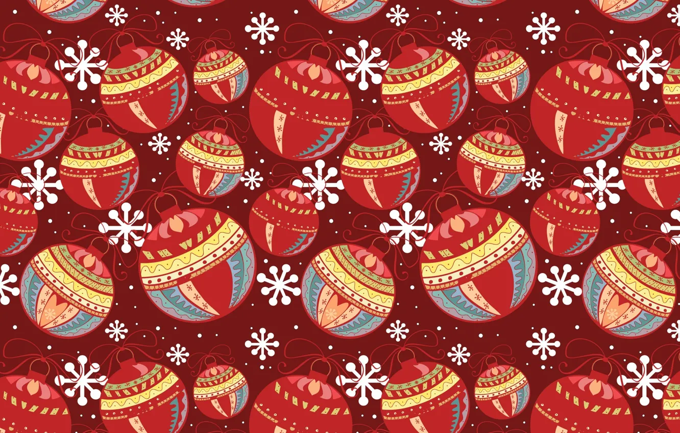 Фото обои шарики, снежинки, красный, праздник, цвет, новый год, украшение, текстуры