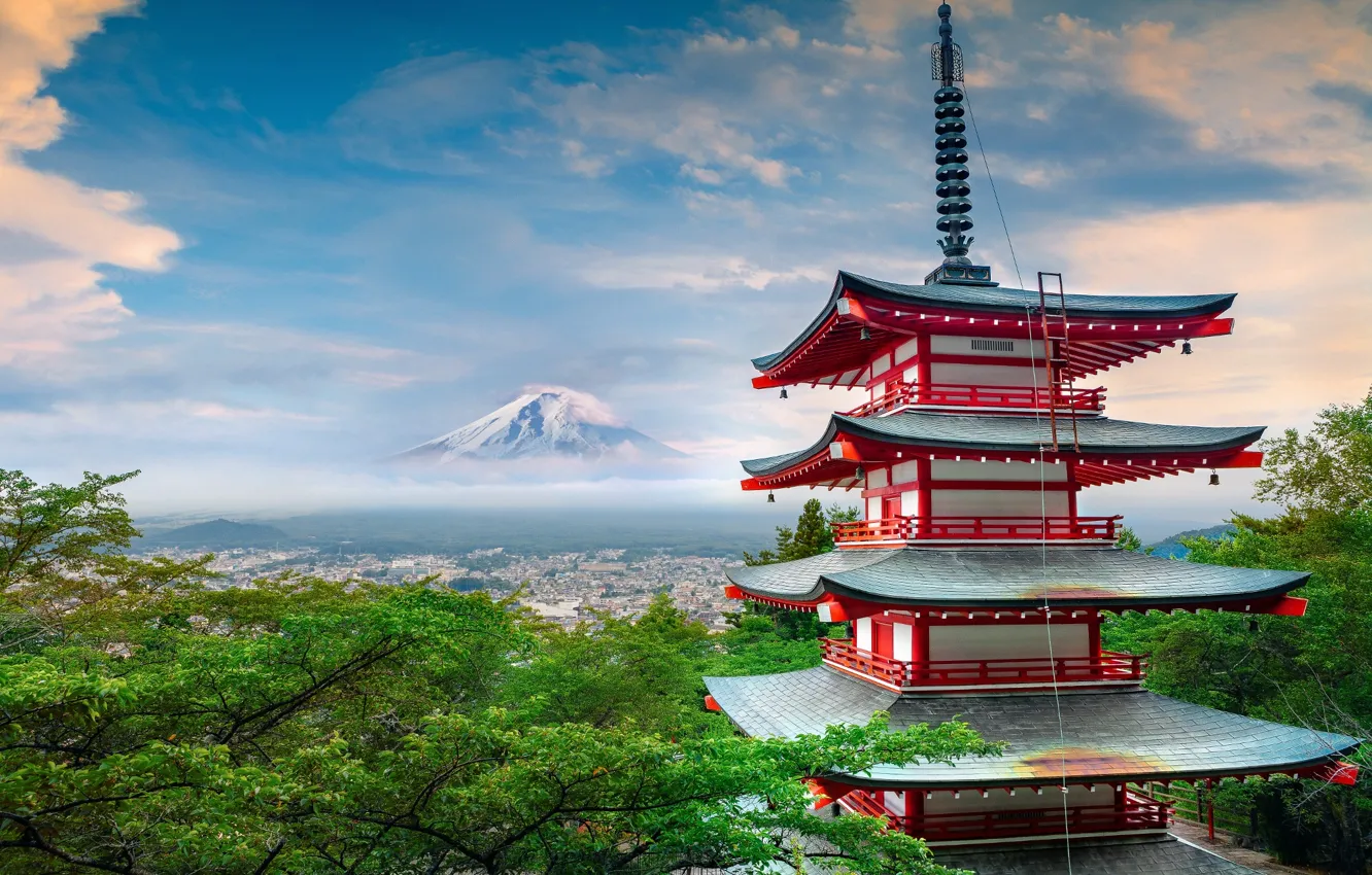 Фото обои лето, дом, гора, Япония, пагода, архитектура, Фудзияма, Июнь