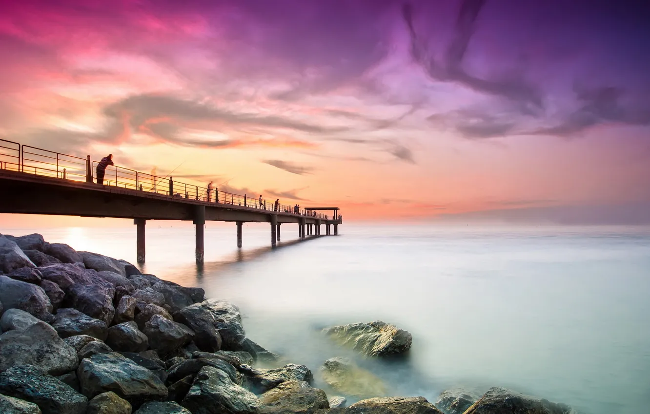 Фото обои море, пейзаж, закат, мост