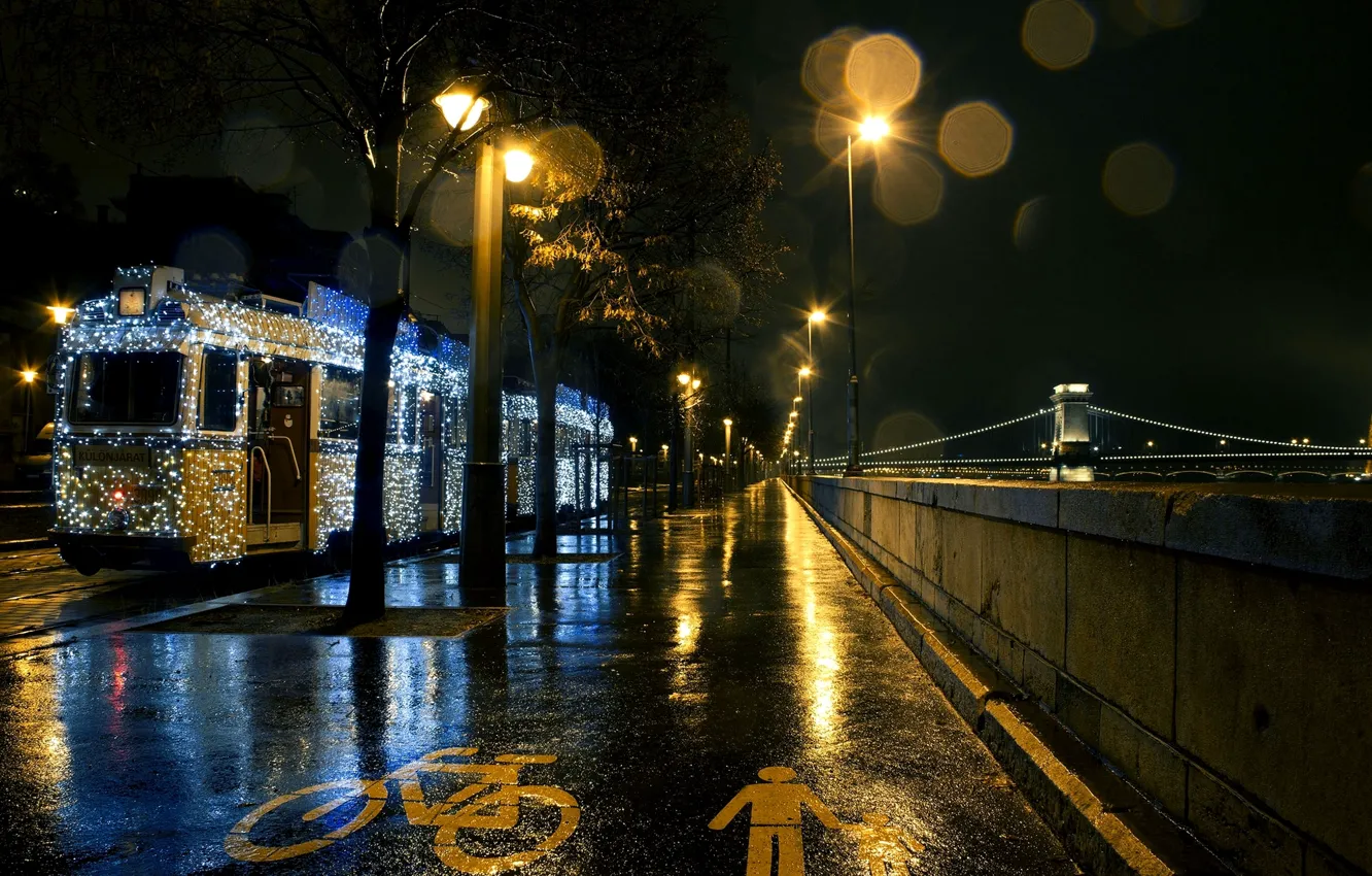 Фото обои дорога, асфальт, ночь, город, река, освещение, фонари, трамвай