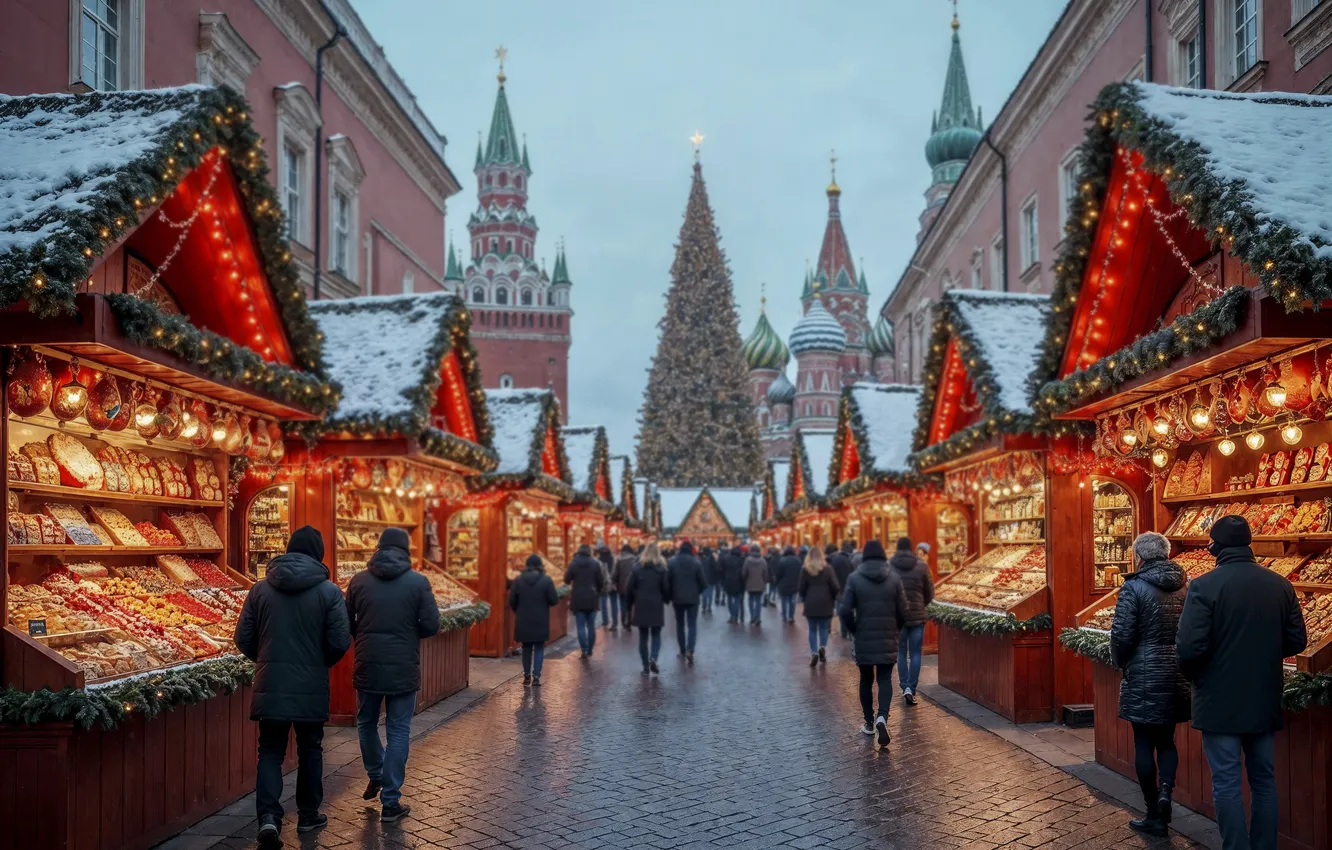 Фото обои украшения, city, город, улица, Рождество, Москва, Новый год, christmas