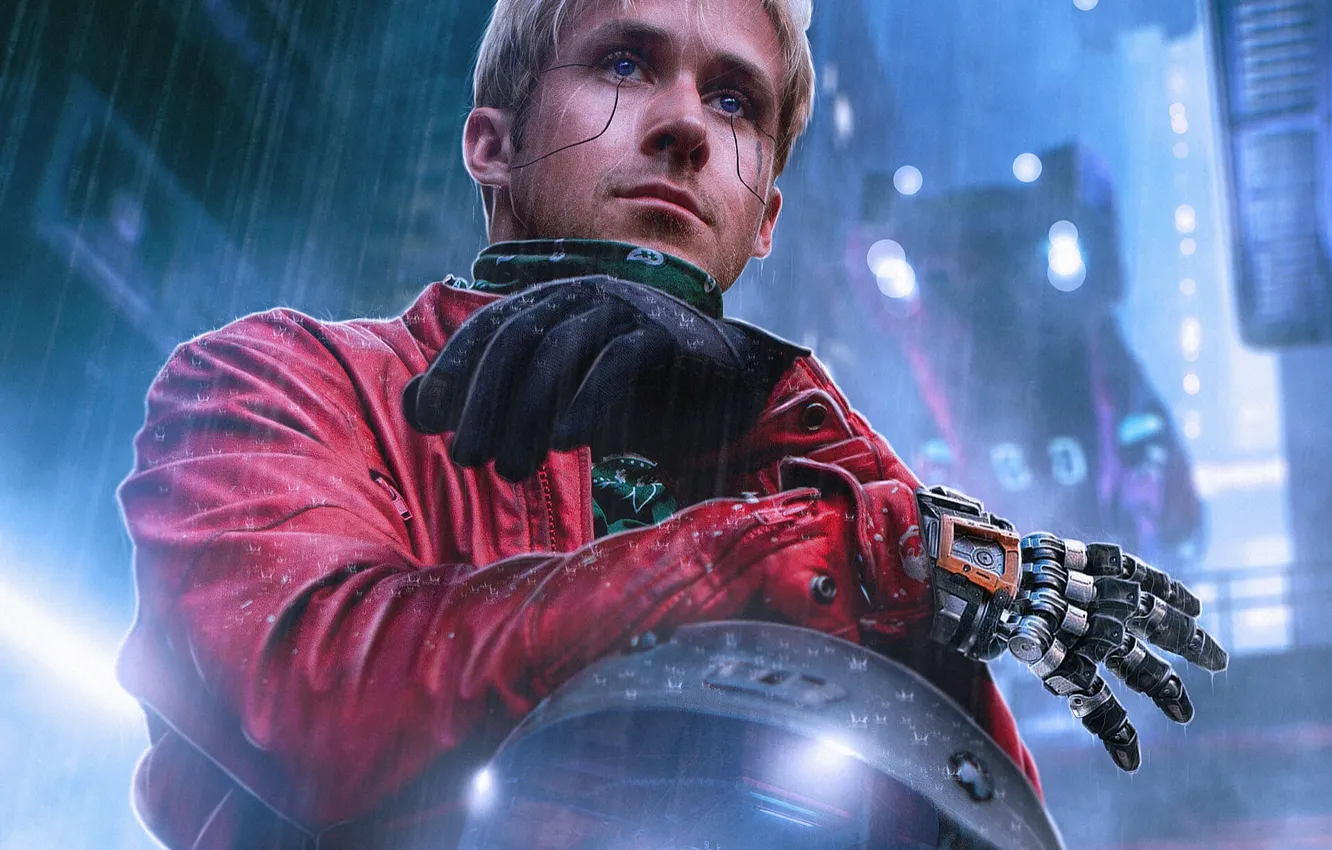 Фото обои Взгляд, Рука, Лицо, Шлем, Киборг, Ryan Gosling, Actor, Cyber Gosling