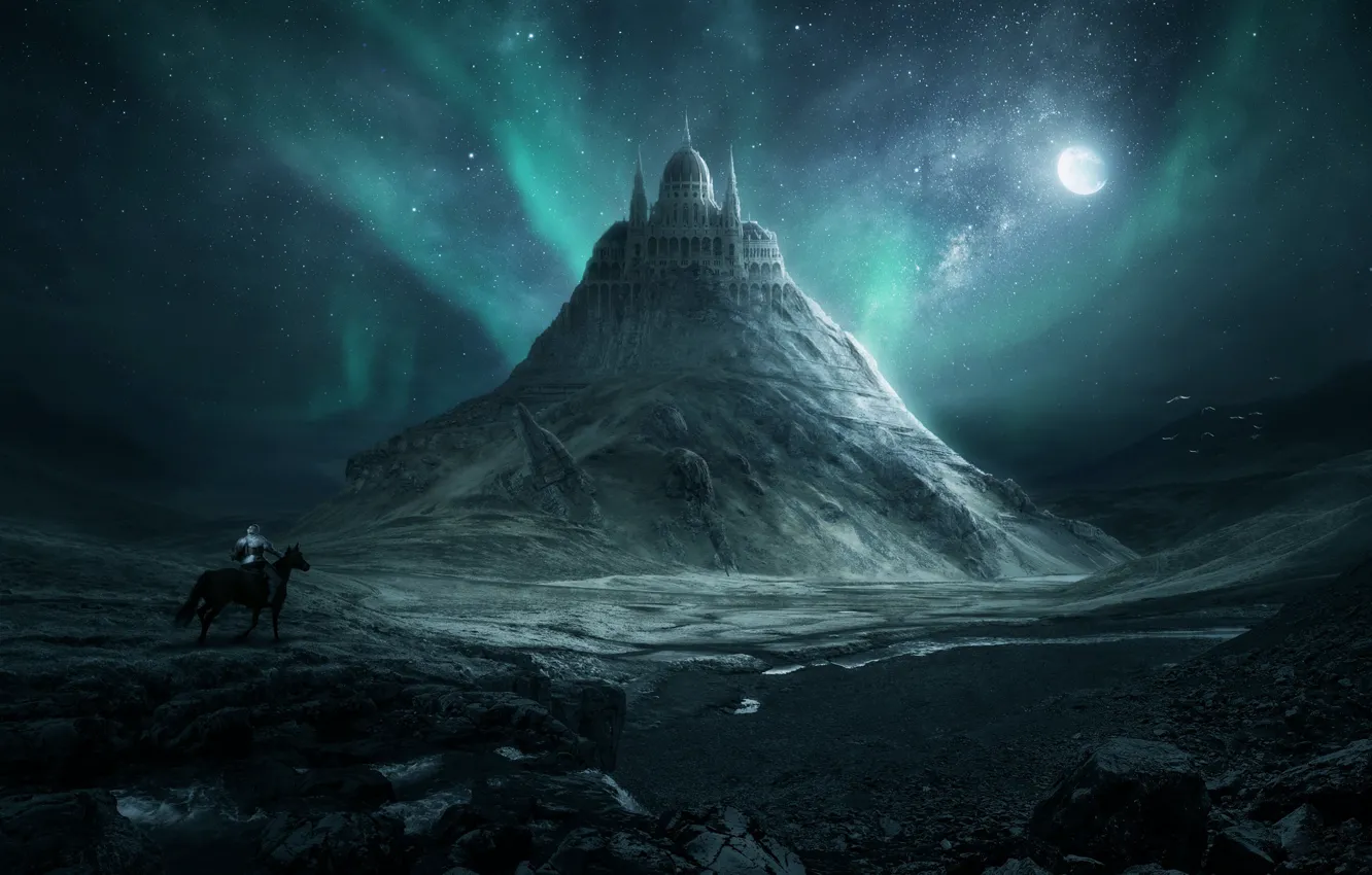 Фото обои Ночь, Звезды, Луна, Гора, Здание, Moon, Пейзаж, Архитектура