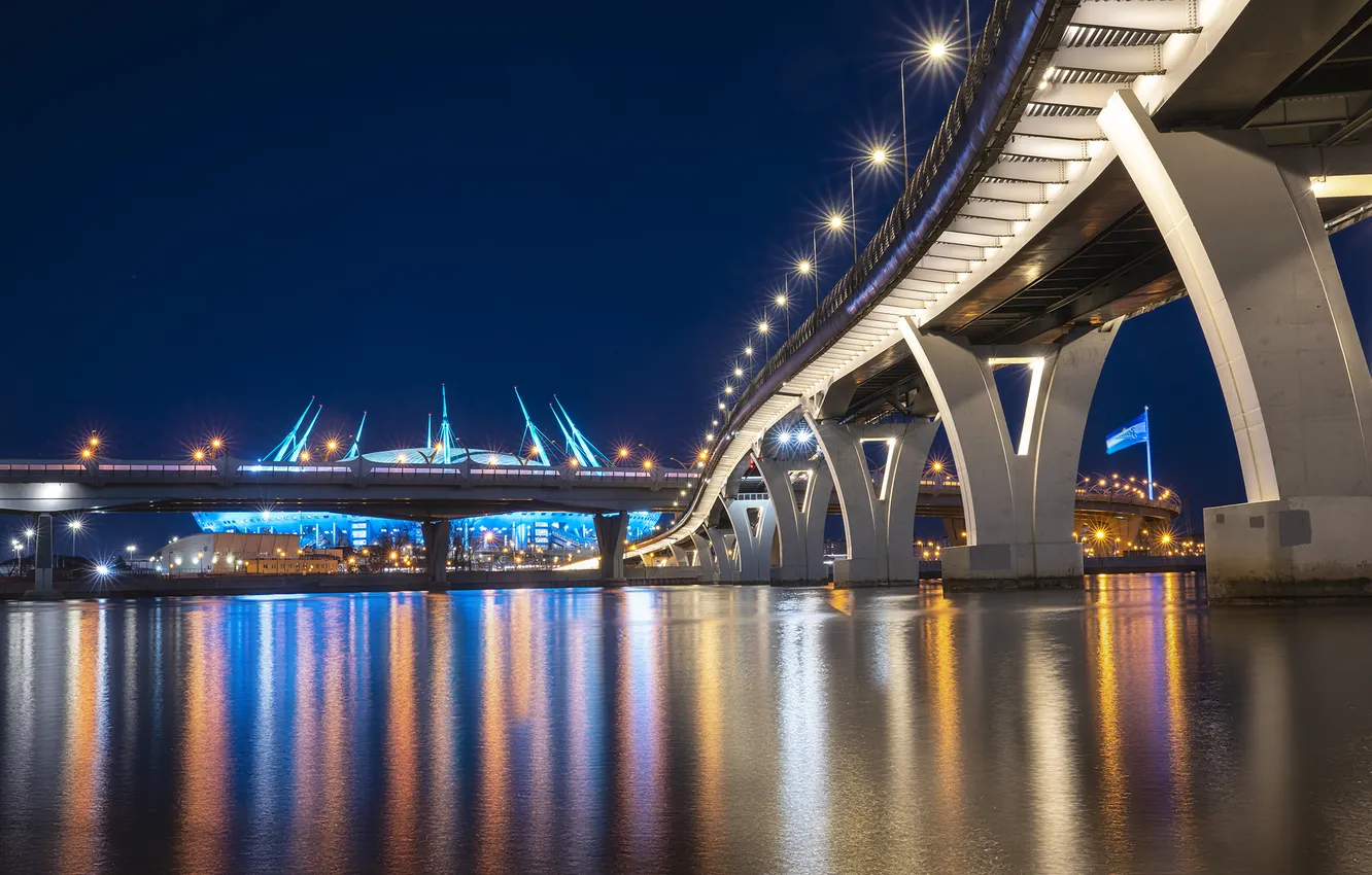 Фото обои ночь, мост, огни, река, ночной город, отражение в воде, Галина Дейнекина