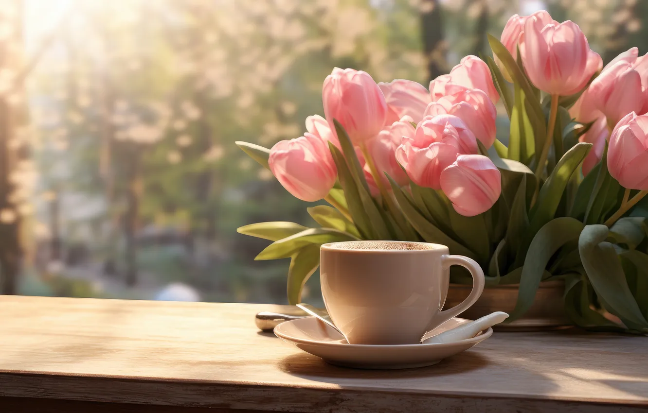 Фото обои свет, цветы, чай, букет, весна, окно, кружка, чашка