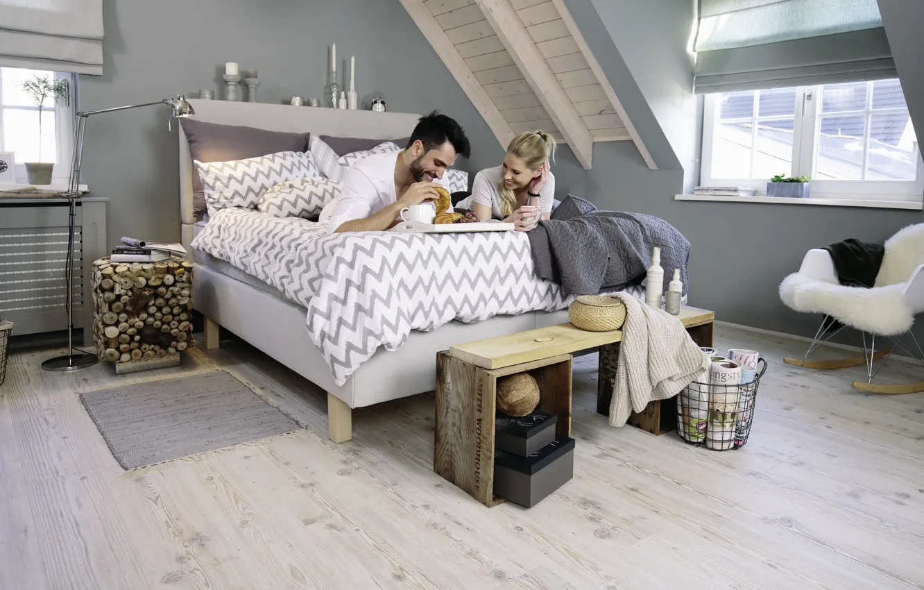 Фото обои bedroom, Morning coffee, Утренний кофе, Scandinavian style attic interior, Новые ламинатные декоры с эффектом светлой …