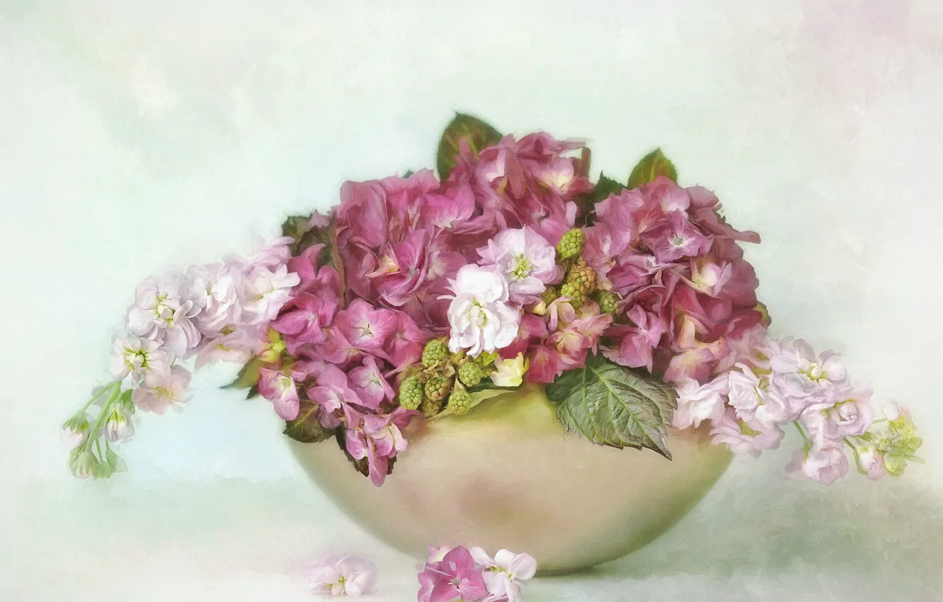Фото обои листья, цветы, букет, чаша, лепестки, арт, розовые, белые