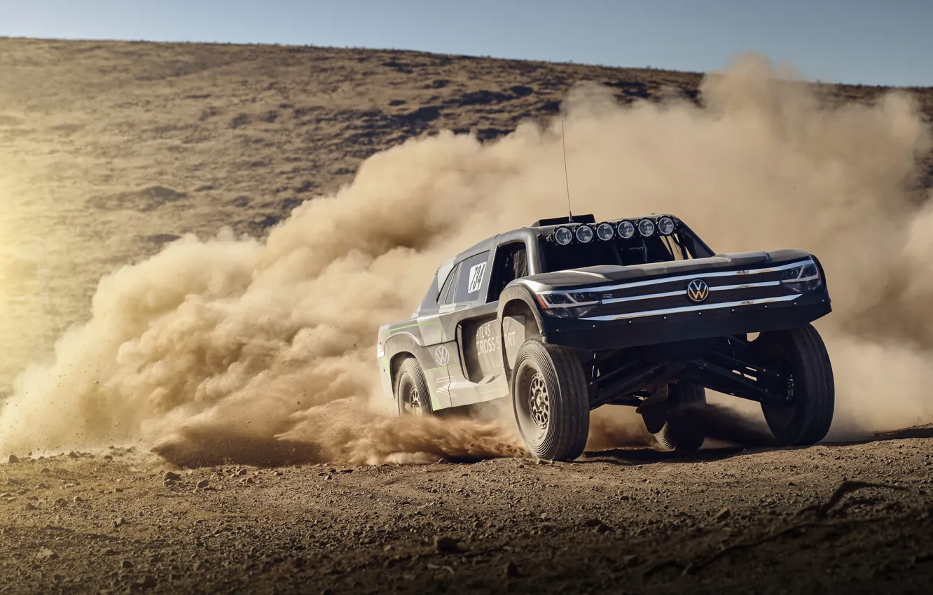 Фото обои песок, движение, пыль, Volkswagen, 4x4, 2019, Atlas Cross Sport R Concept