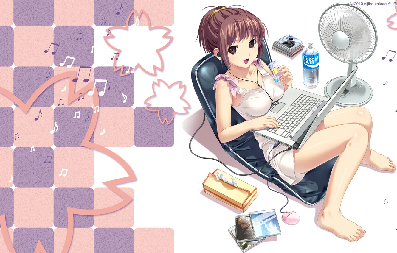 Фото обои вода, девушка, ноты, музыка, настроение, бутылка, аниме, вентилятор