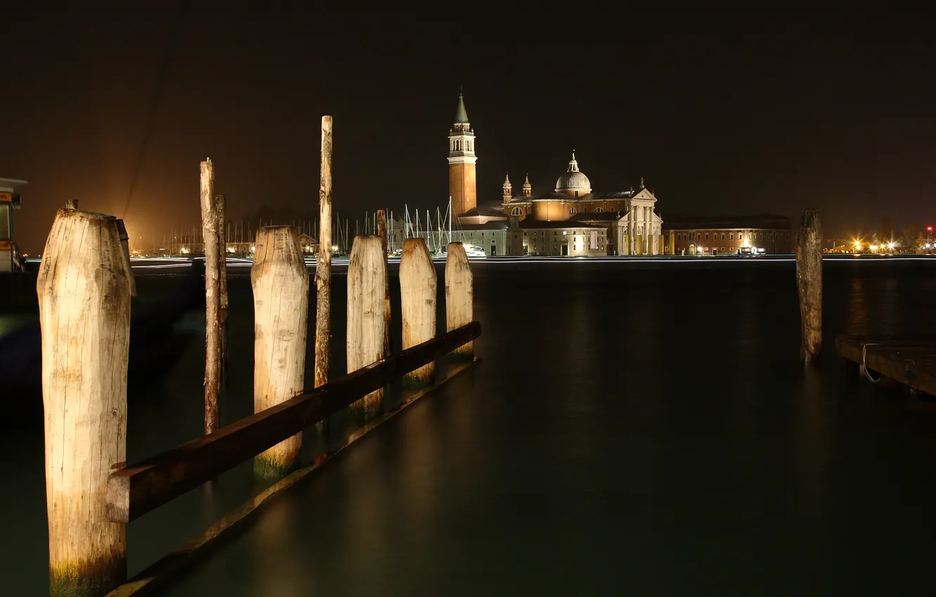 Фото обои ночь, Огни, Река, Собор, Церковь, Италия, Венеция, Собор Сан-Джорджо Маджоре