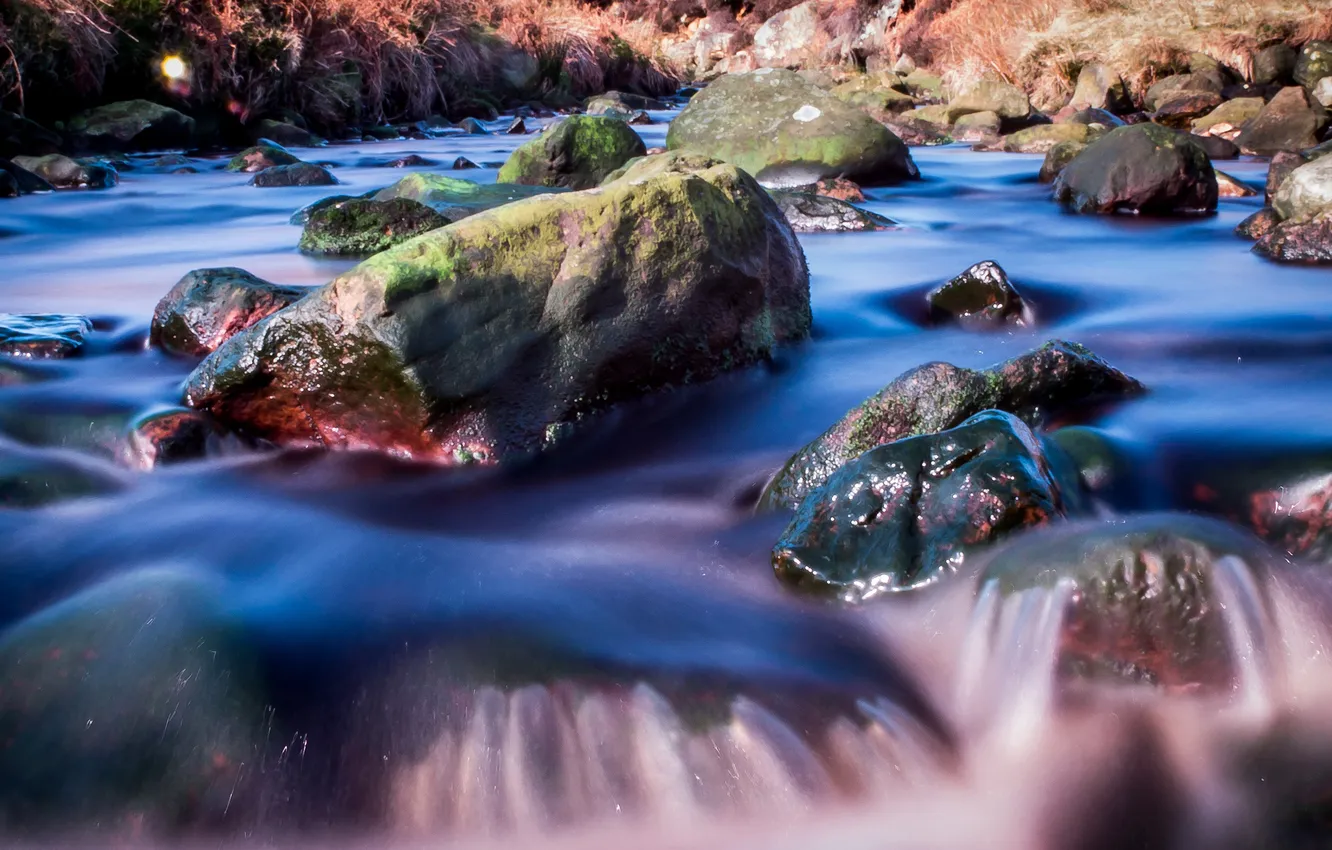 Фото обои осень, река, камни, поток