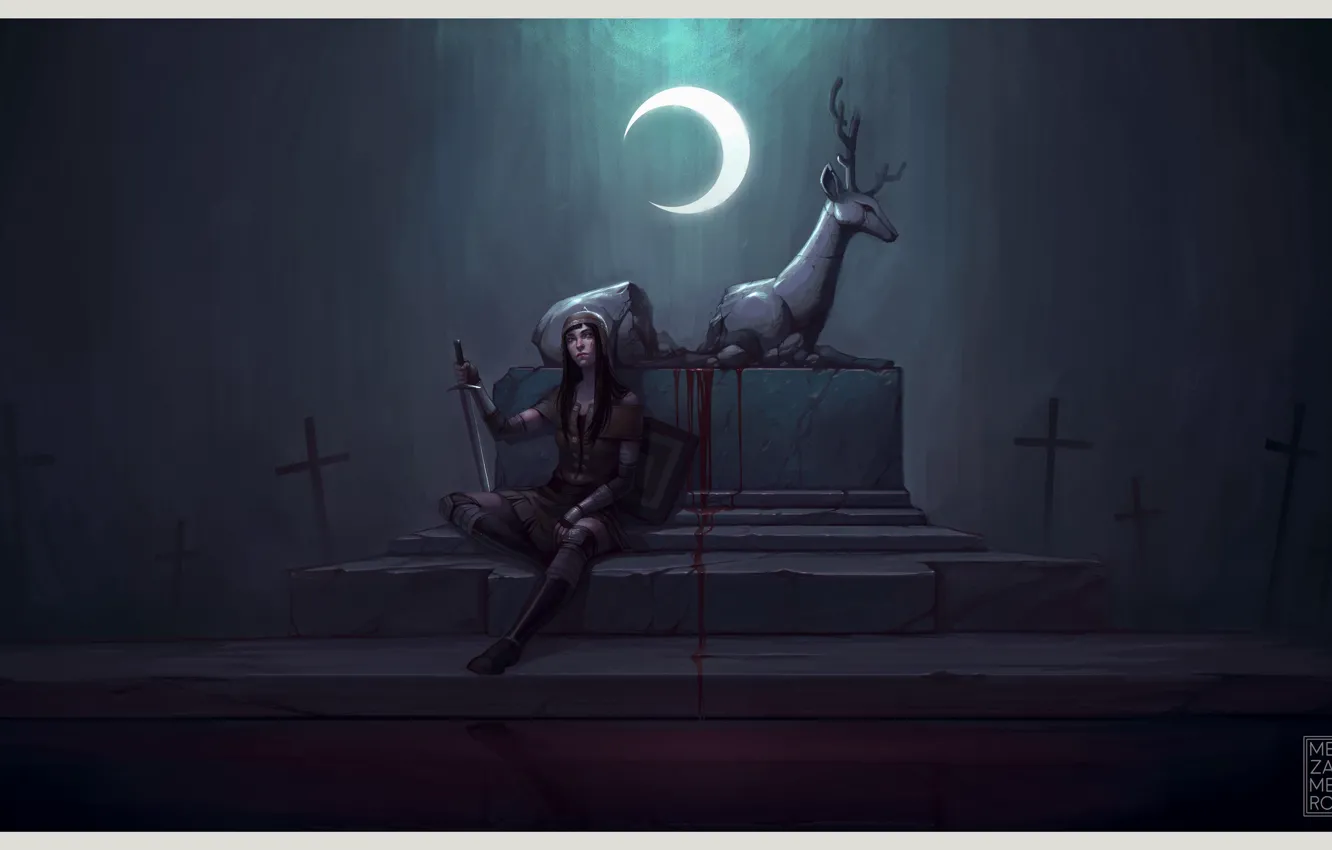 Фото обои девушка, луна, меч, олень, арт, алтарь, жертвоприношение