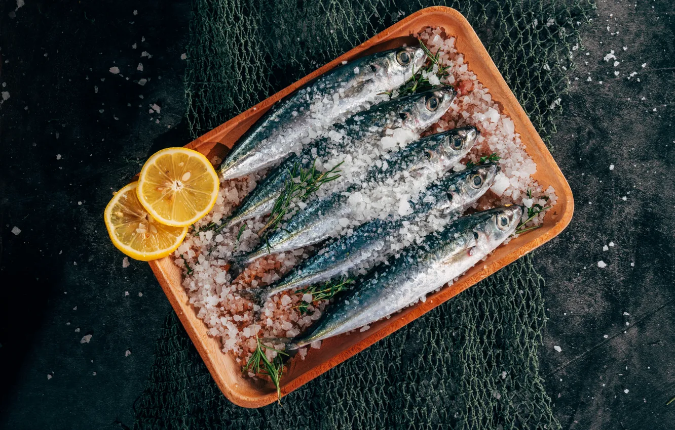 Фото обои Лимон, Рыба, Fish, Низкокалорийная высокобелковая пища, Sardines, Сардины, Low-calorie high-protein food