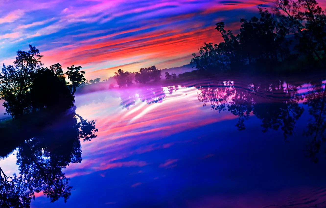 Фото обои небо, облака, деревья, закат, озеро, отражение, река, рябь