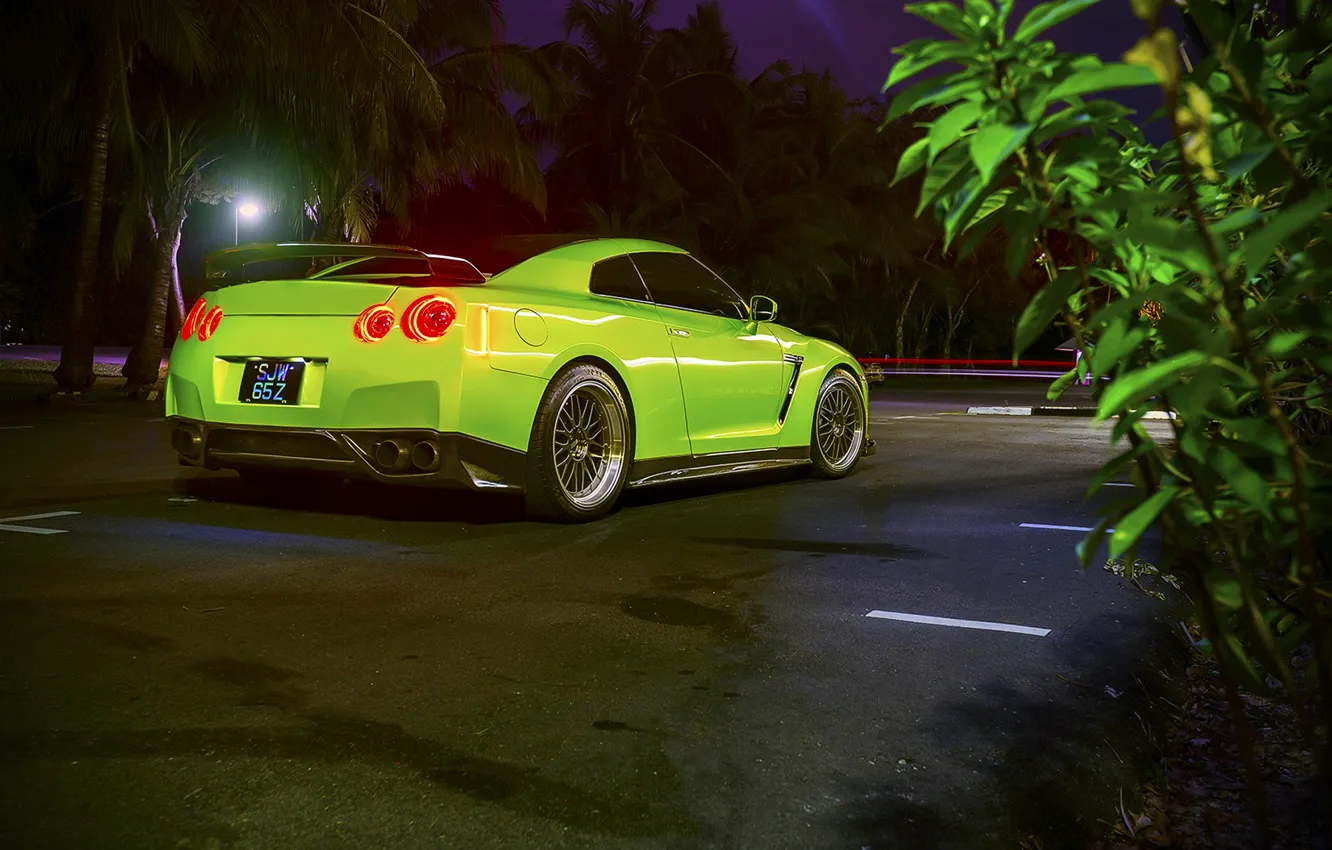 Фото обои GTR, Nissan, Car, Green, Back, R35, Sport, 1400HP