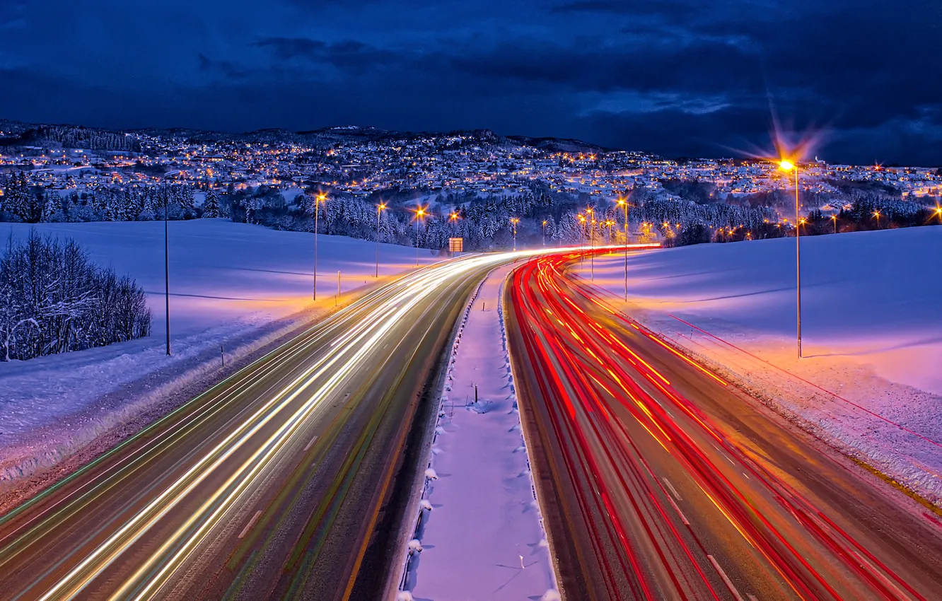 Фото обои зима, дорога, lights, выдержка, Норвегия, Winter, Norway, Roads