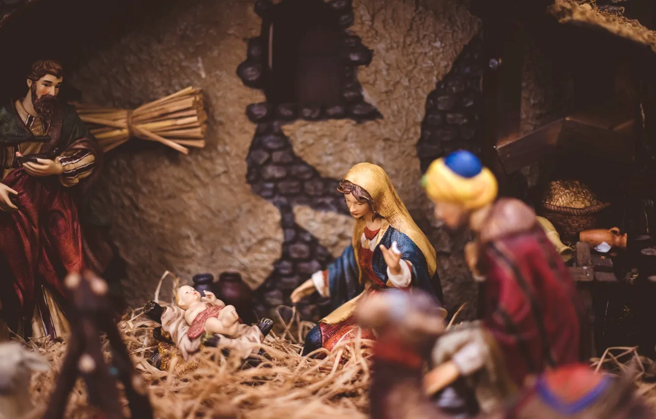 Фото обои Рождество, Дева Мария, Поклонение волхвов, Младенец Иисус, Рождественский вертеп