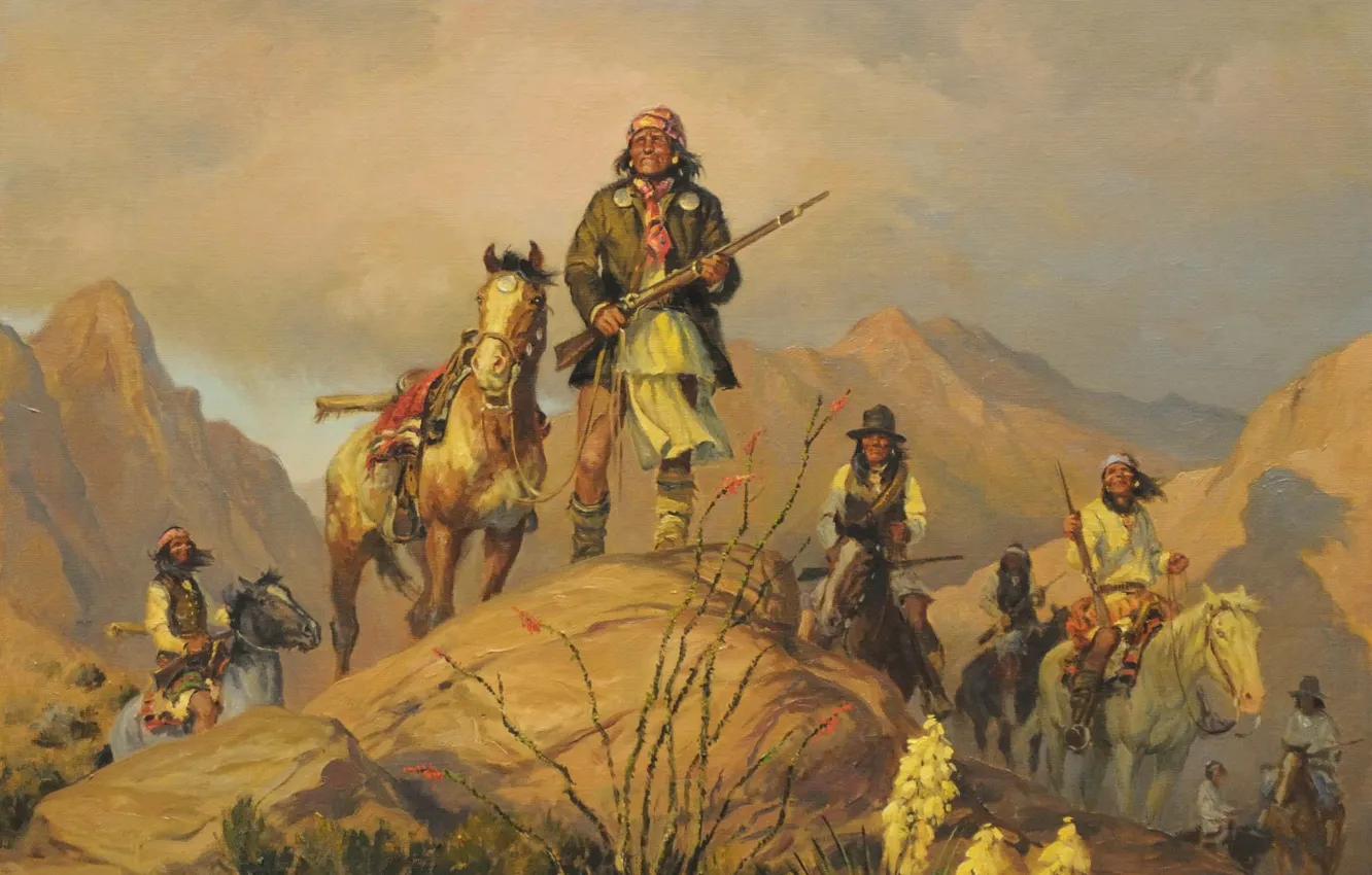 Фото обои картина, живопись, painting, апач, Джеронимо, Mr Apache Geronimo With His Band In The Chiricahua Mountains, …