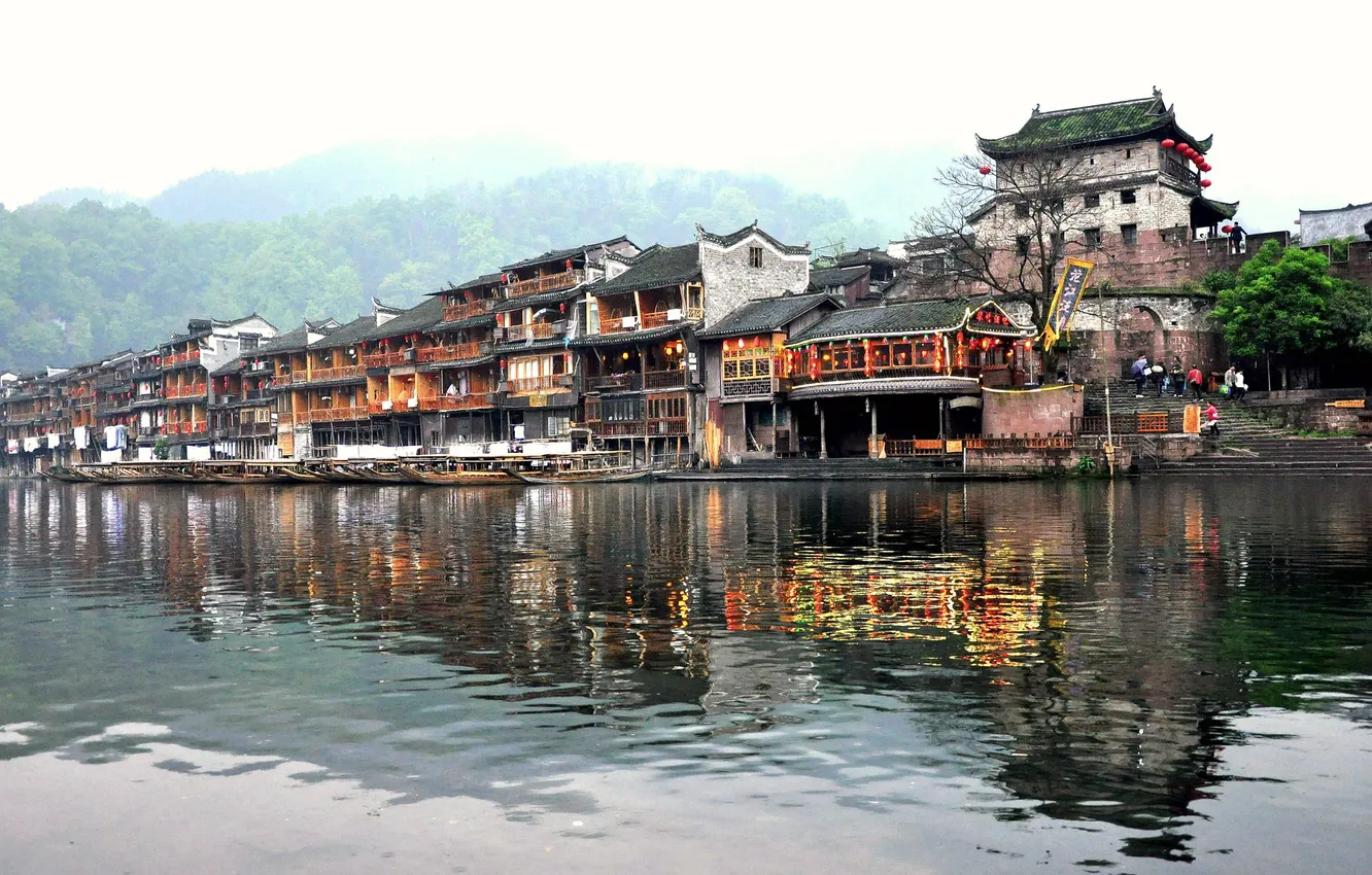Фото обои дома, лодки, Китай, набережная, Fenghuang