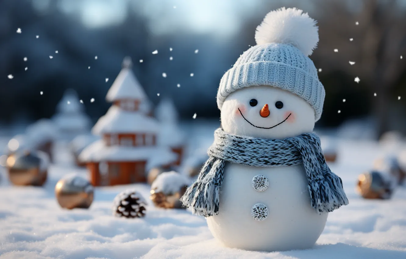 Фото обои зима, снег, украшения, снежинки, Новый Год, Рождество, снеговик, new year