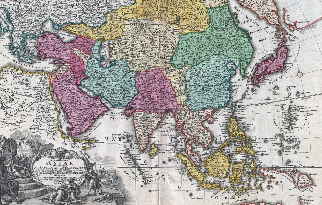 Фото обои old maps, geography, 18th century map of Asia, Johann Christoph Homann, Карта Азии 18 века, …