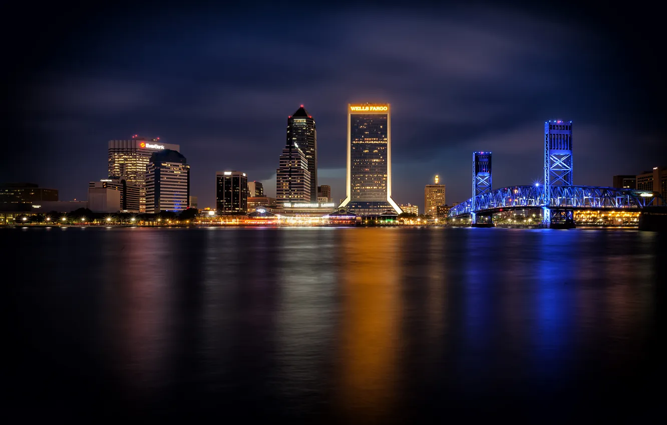 Фото обои мост, город, небоскребы, панорамма, Jacksonville Skyline