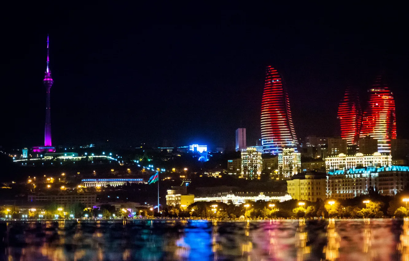 Фото обои ночь, night, Азербайджан, Azerbaijan, Baku, Баку