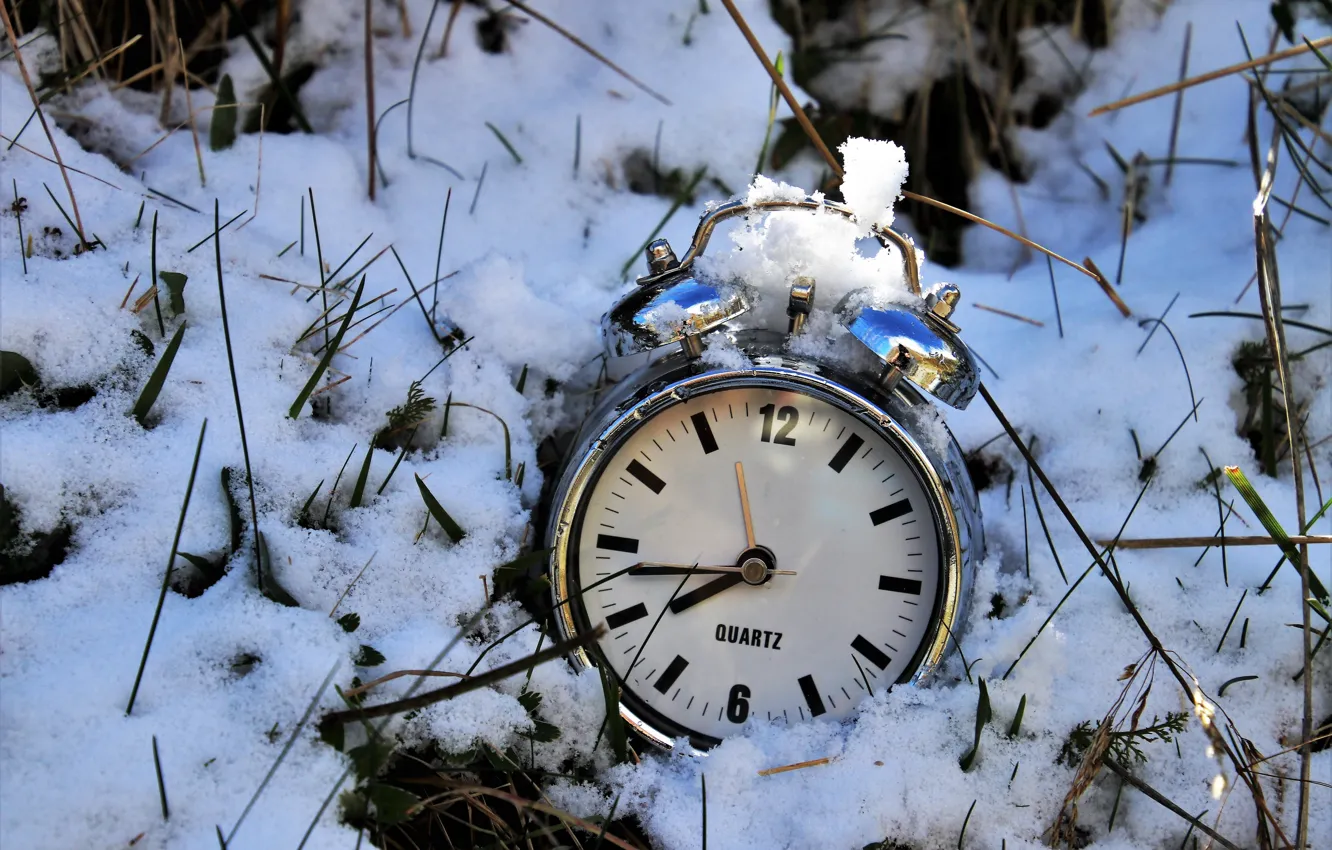 Фото обои снег, время, часы, будильник