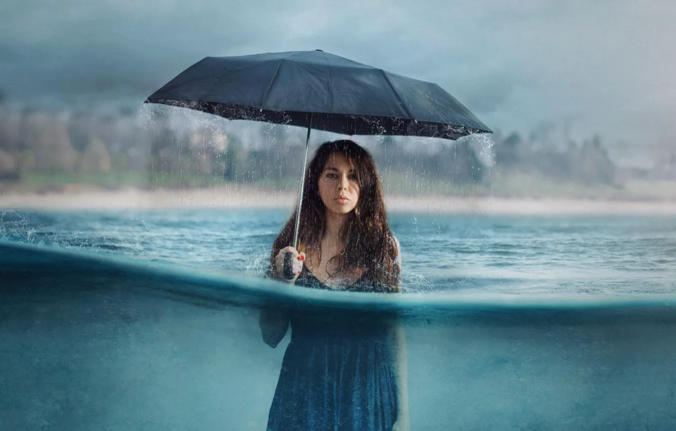 Фото обои вода, девушка, дождь, ситуация, зонт