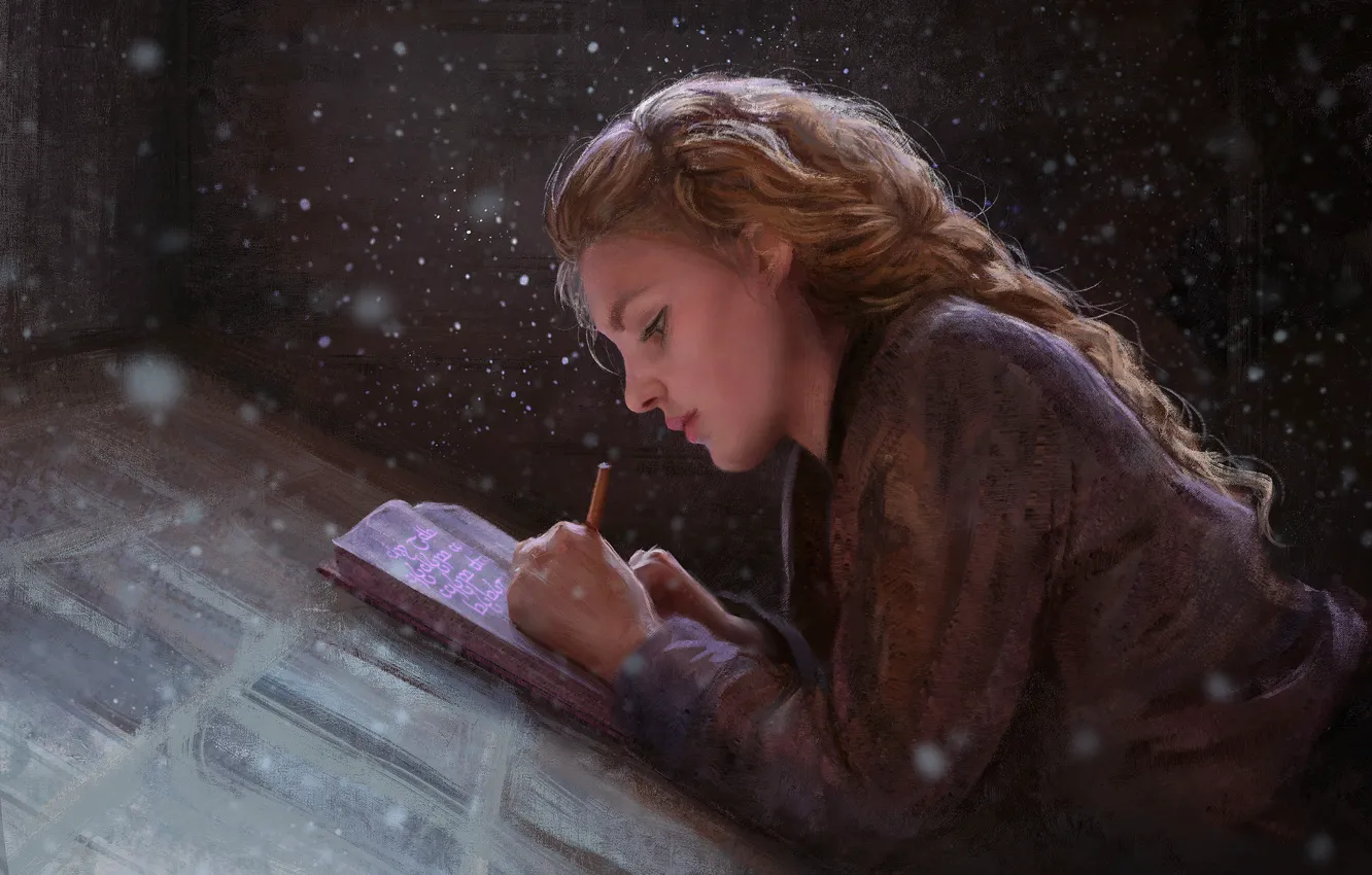 Фото обои girl, fantasy, magic, snow, braid, painting, artist, blonde