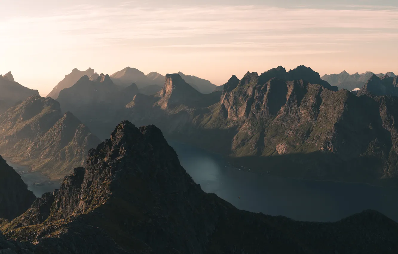 Фото обои Dawn, Mountains, Panorama, Mountain Range, Ultrawide