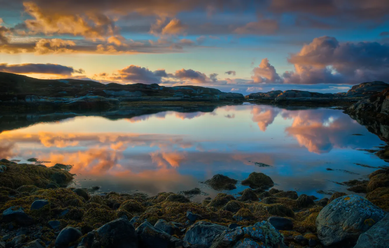 Фото обои закат, отражение, норвегия