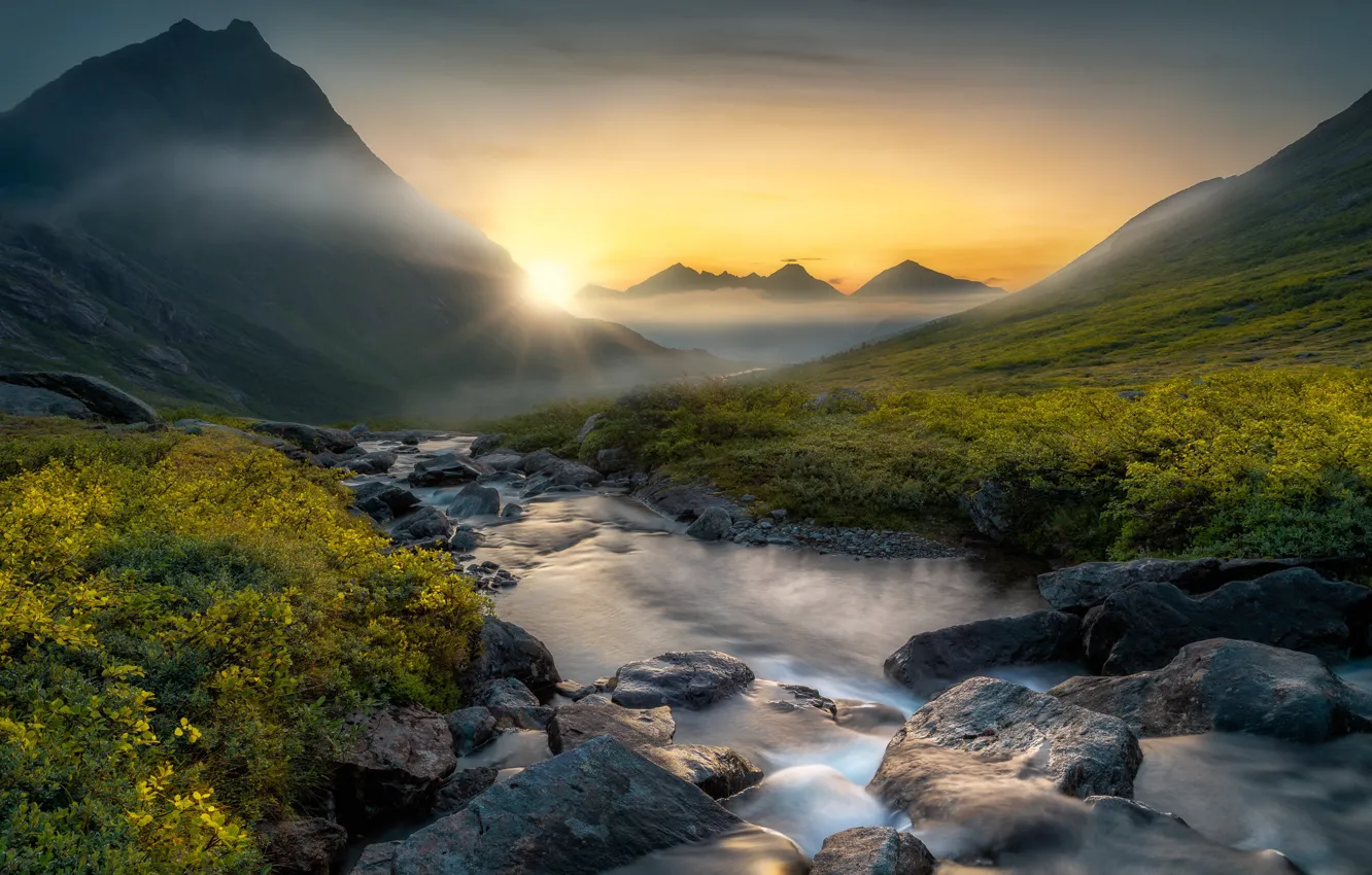 Фото обои горы, ручей, восход, рассвет, долина, Норвегия, речка, Norway