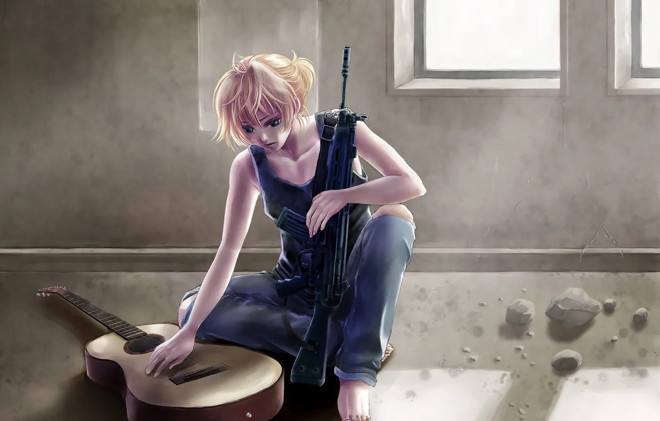 Фото обои одиночество, оружие, окна, гитара, парень, vocaloid, вокалоид, art