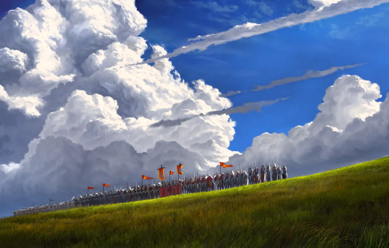 Фото обои sky, field, clouds, army, horses, digital art, artwork, fantasy art