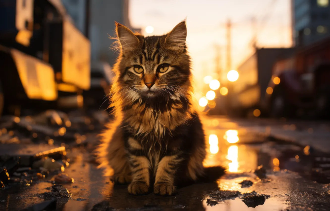 Фото обои дорога, кошка, небо, кот, взгляд, асфальт, свет, закат