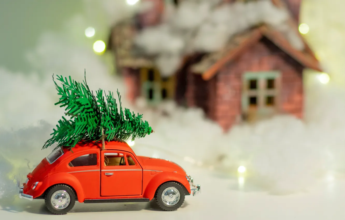 Фото обои зима, машина, снег, красный, праздник, игрушка, игрушки, Рождество