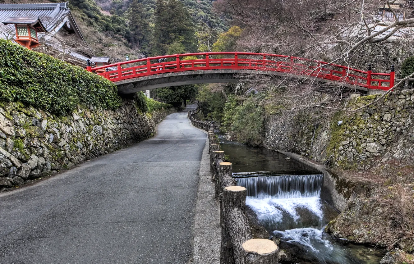 Фото обои HDR, Japan, trees, nature, water, rocks, waterfall, path