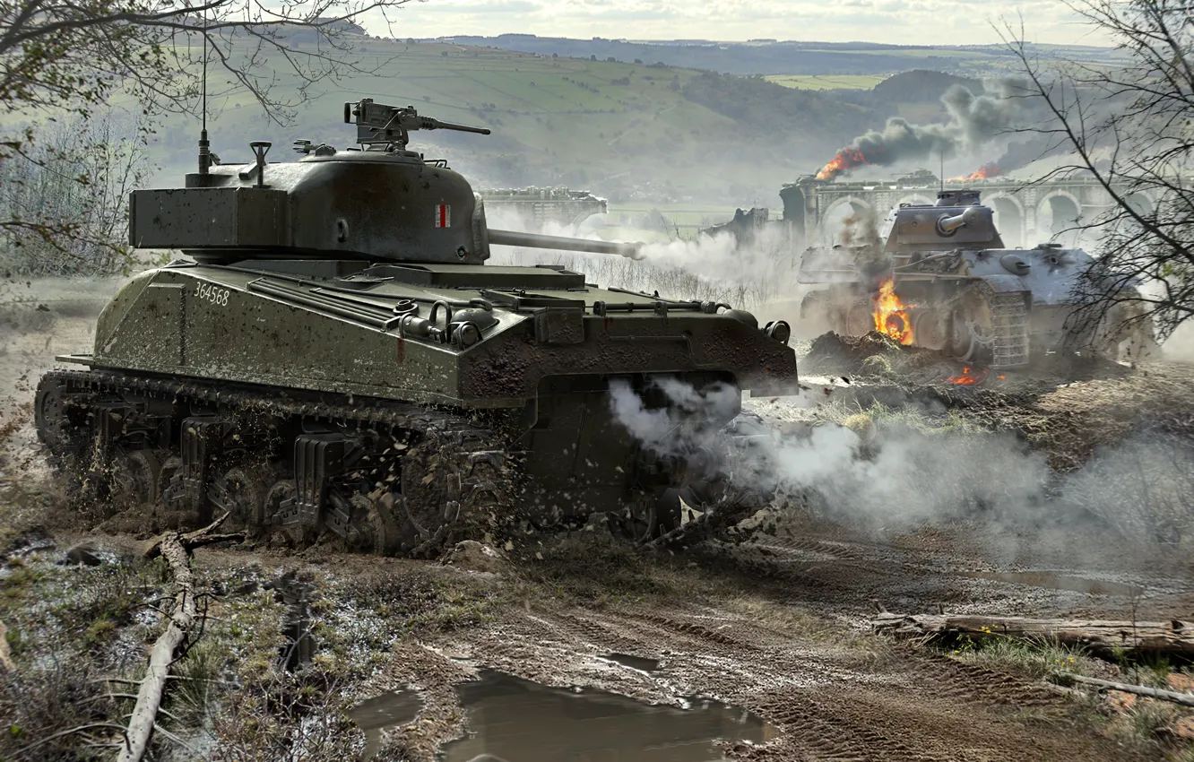 Фото обои WoT, Шерман, Panther, World of Tanks, Мир Танков, Wargaming Net, Средние Танки, Sherman Firefly
