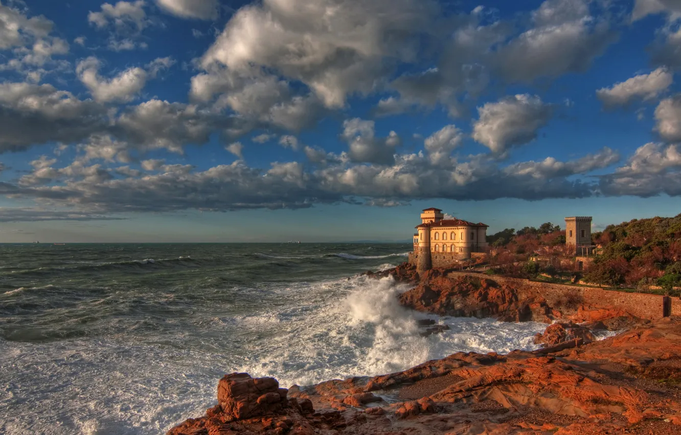 Фото обои небо, облака, город, замок, побережье, HDR, Италия, Boccale Castle Livorno