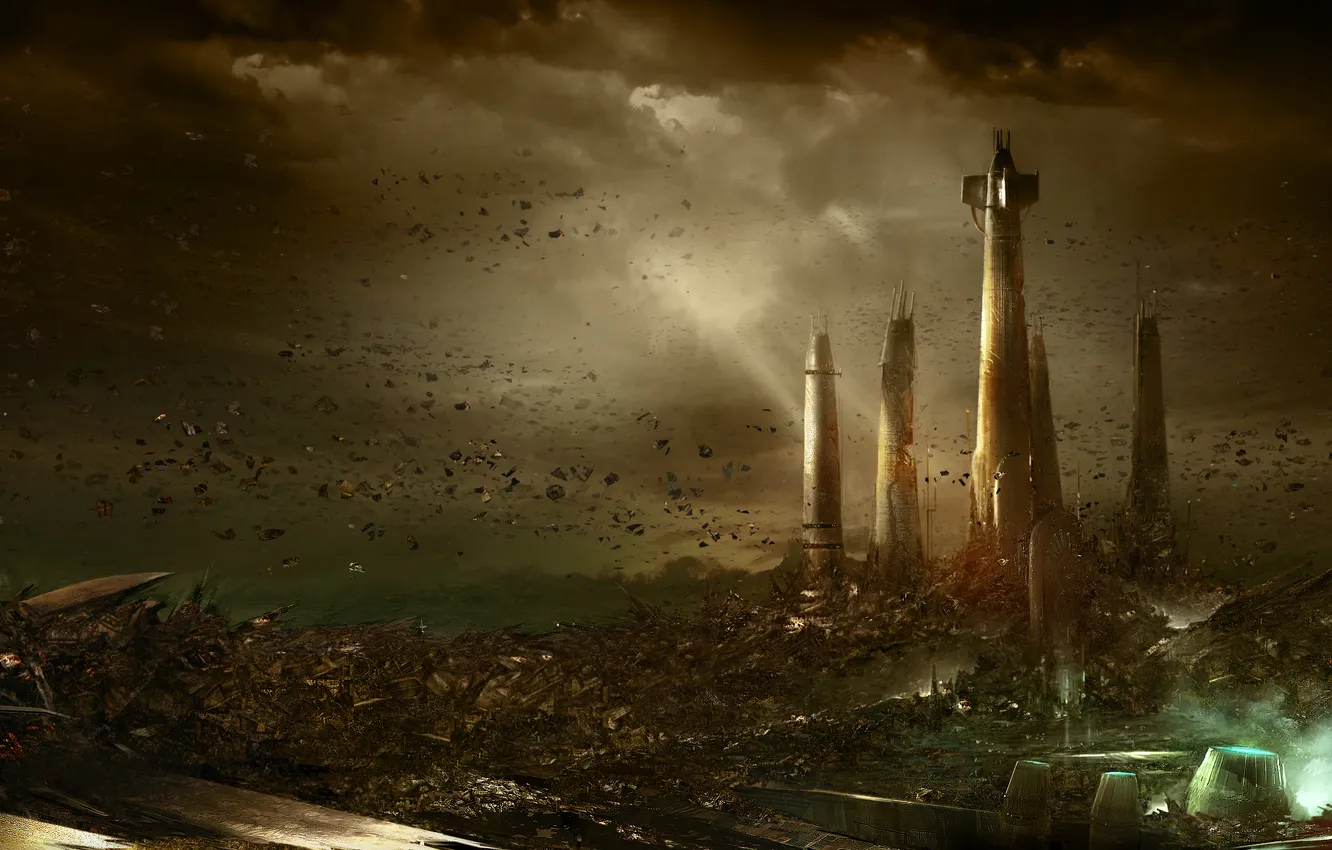 Фото обои взрыв, тучи, город, камни, планета, катастрофа, башни, Force Unleached