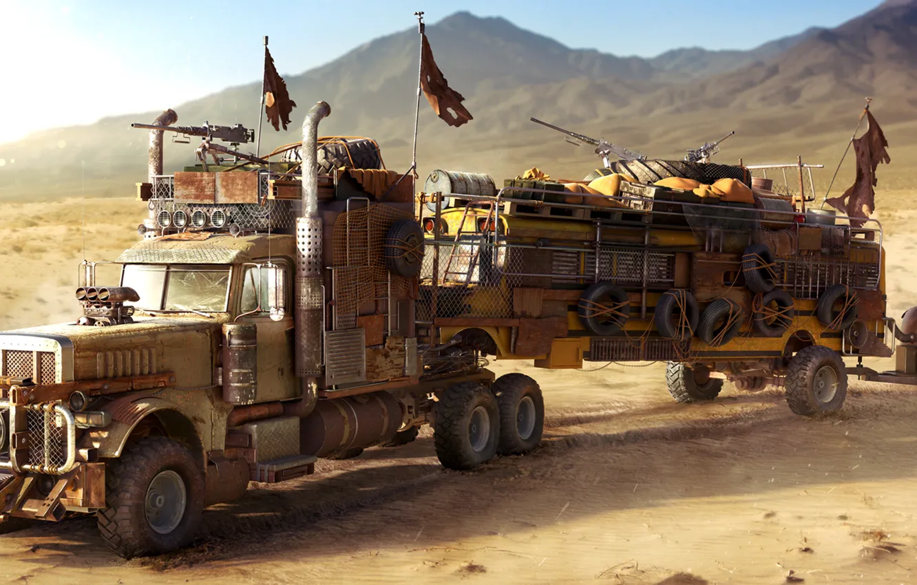 Фото обои пустыня, грузовик, автобус, fallout, desert, truck, school bus, w...