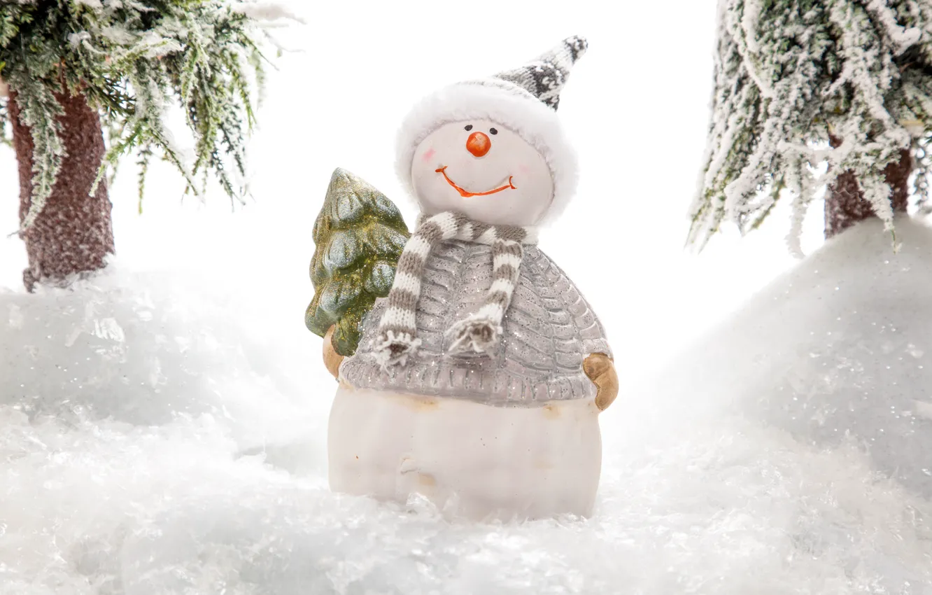 Фото обои снег, шарф, снеговик, ёлка, шапочка, фигурка