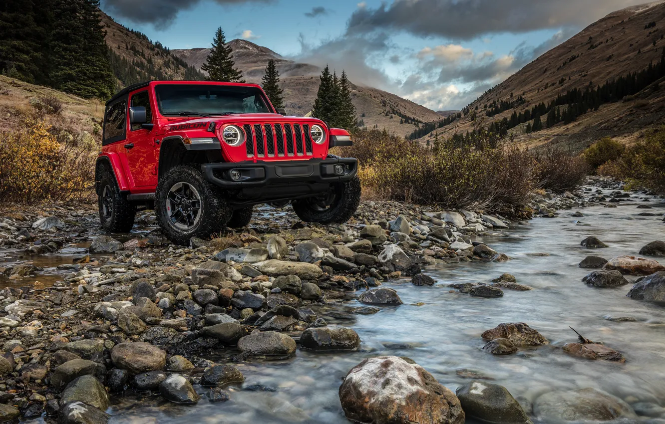 Фото обои вода, горы, красный, камни, 2018, Jeep, Wrangler Rubicon