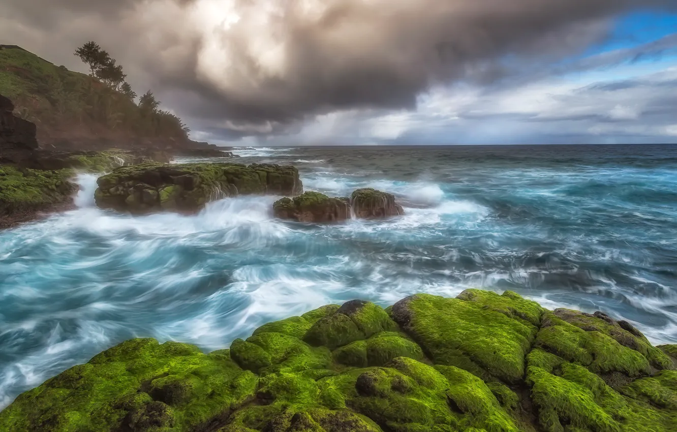 Фото обои камни, океан, побережье, Гавайи, Pacific Ocean, Hawaii, Kauai, Тихий океан