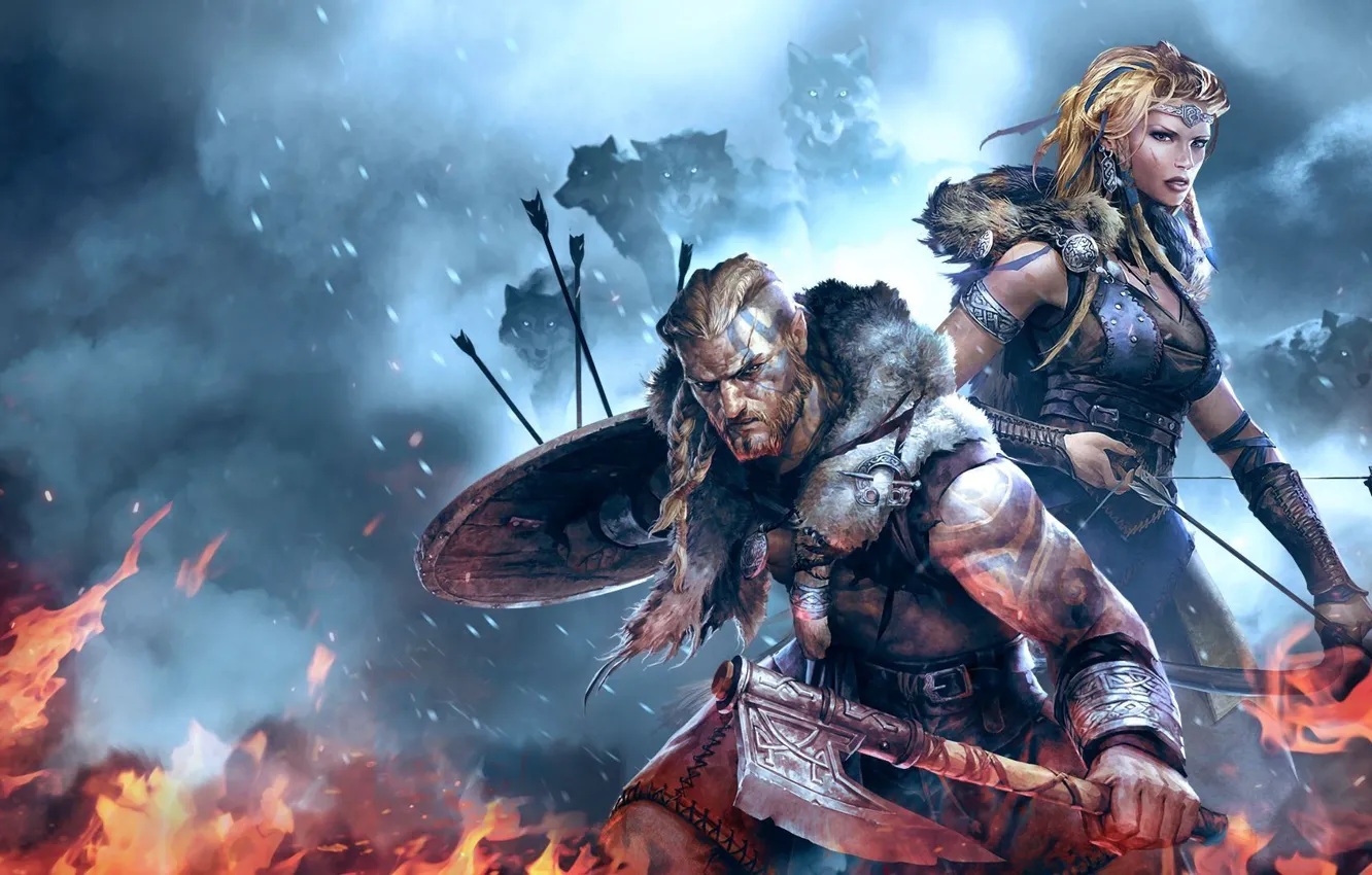 Фото обои girl, woman, wolf, bow, shield, Arrow, Viking, bishojo