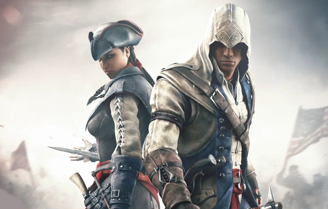 Фото обои Эвелин, Assassin's Creed III, Радунхагейду, Кредо Убийцы 3, Коннор Кенуэй