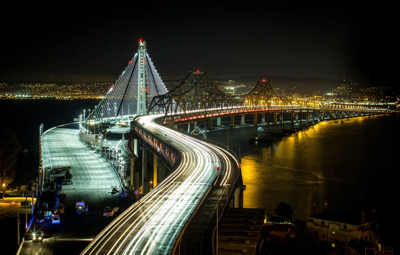 Фото обои ночь, мост, огни, залив, сша, San Francisco