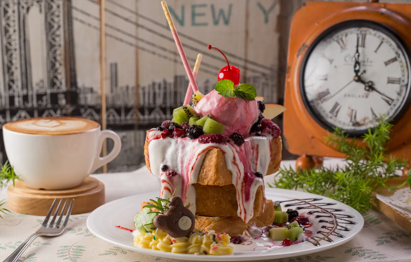 Фото обои ягоды, часы, кофе, киви, мороженое, десерт, бисквит