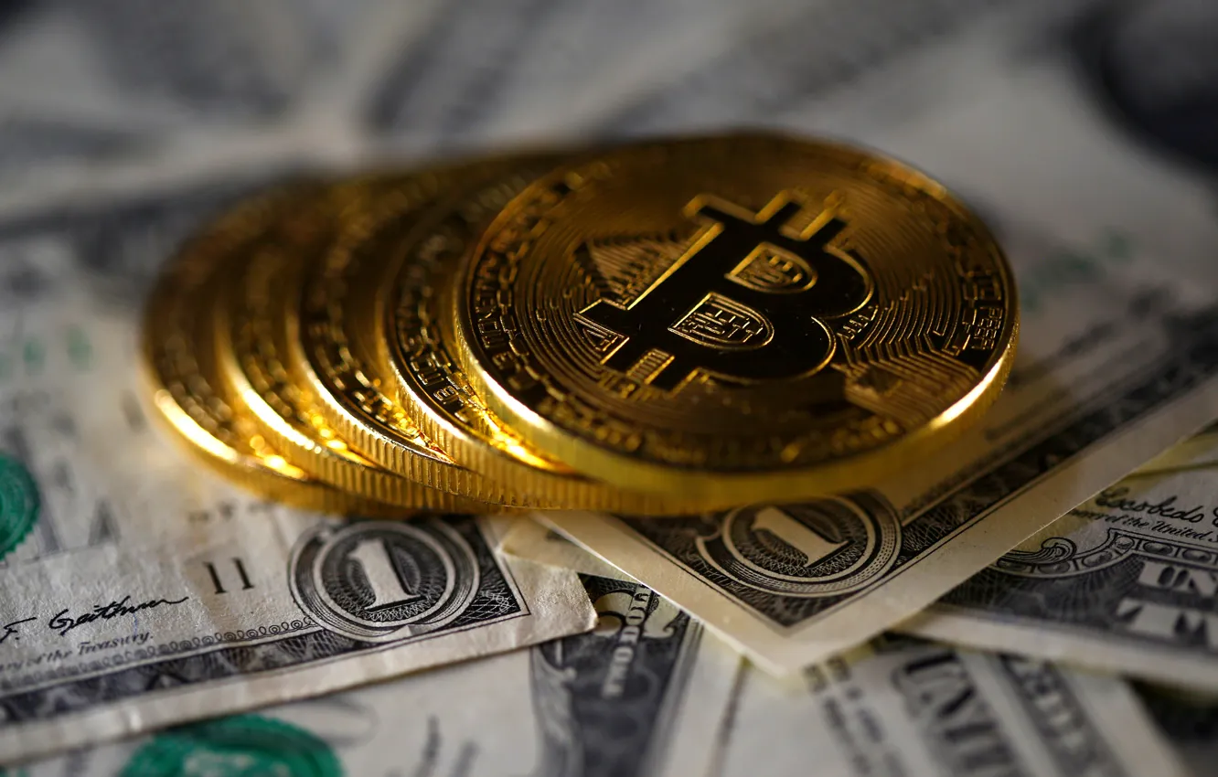 Фото обои размытие, доллар, dollar, coins, bitcoin, биткоин, btc